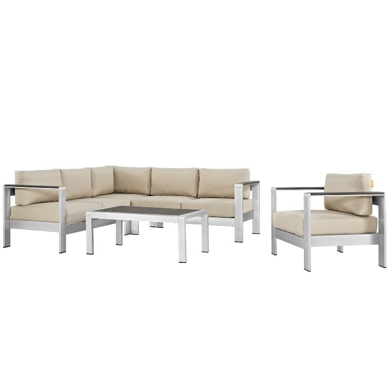 Modway EEI-2560-SLV-BEI Shore Outdoor Patio Aluminum Sectional Sofa Set, Silver & Beige - 5 Piece -  Modway Furniture