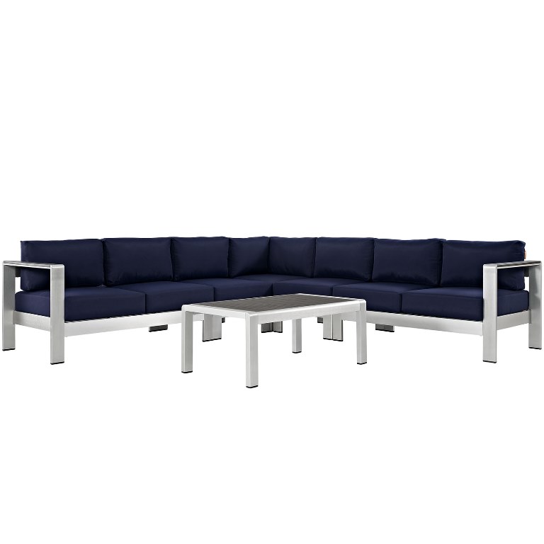 Modway  Shore Outdoor Patio Aluminum Sectional Sofa Set, Silver & Navy - 6 Piece