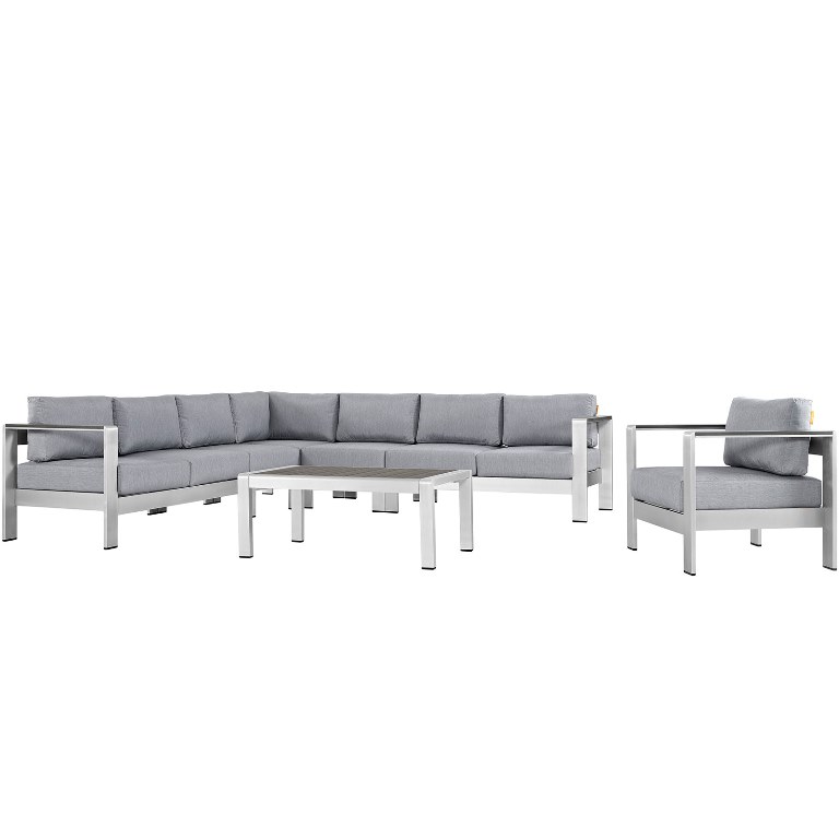 Modway Shore Outdoor Patio Aluminum Sectional Sofa Set - Silver & Gray - 7 Piece