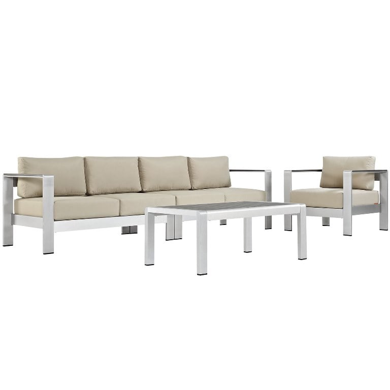 Modway EEI-2563-SLV-BEI Shore Outdoor Patio Aluminum Sofa & Arm Chair Sectional Sofa Set, Silver & Beige - 4 Piece -  Modway Furniture