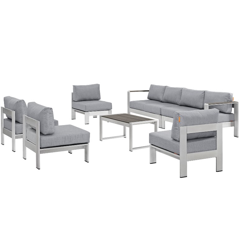 Modway  Shore Outdoor Patio Sectional Sofa Set, Silver & Gray - 7 Piece