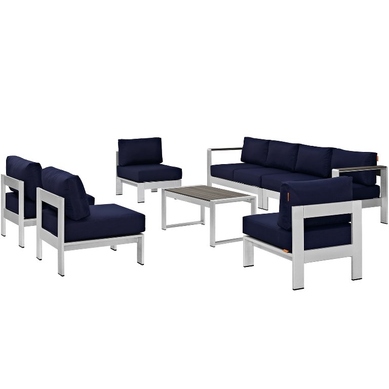 Modway EEI-2566-SLV-NAV Shore Outdoor Patio Sectional Sofa Set, Silver & Navy - 7 Piece