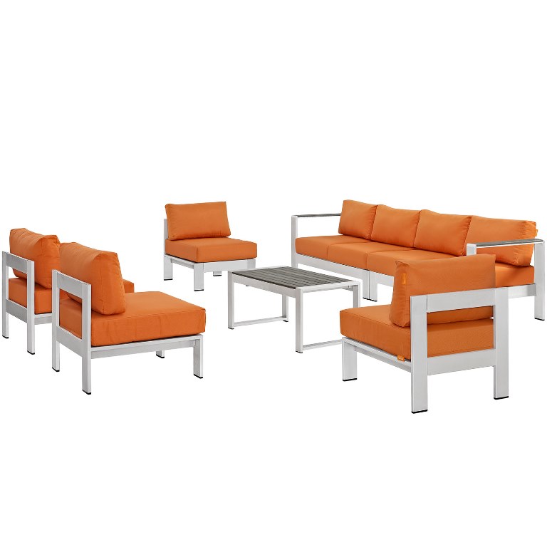 Modway EEI-2566-SLV-ORA Shore Outdoor Patio Sectional Sofa Set, Silver & Orange - 7 Piece