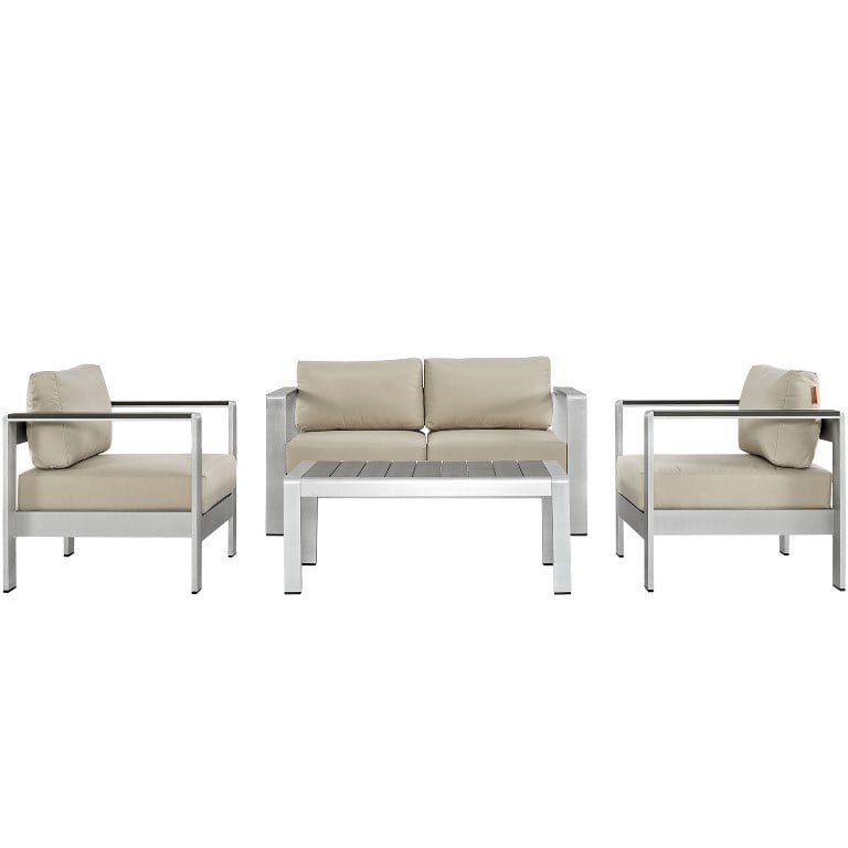 Modway EEI-2567-SLV-BEI Shore Outdoor Patio Aluminum Loveseat & Arm Chairs Sectional Sofa Set, Silver & Beige - 4 Piece -  Modway Furniture