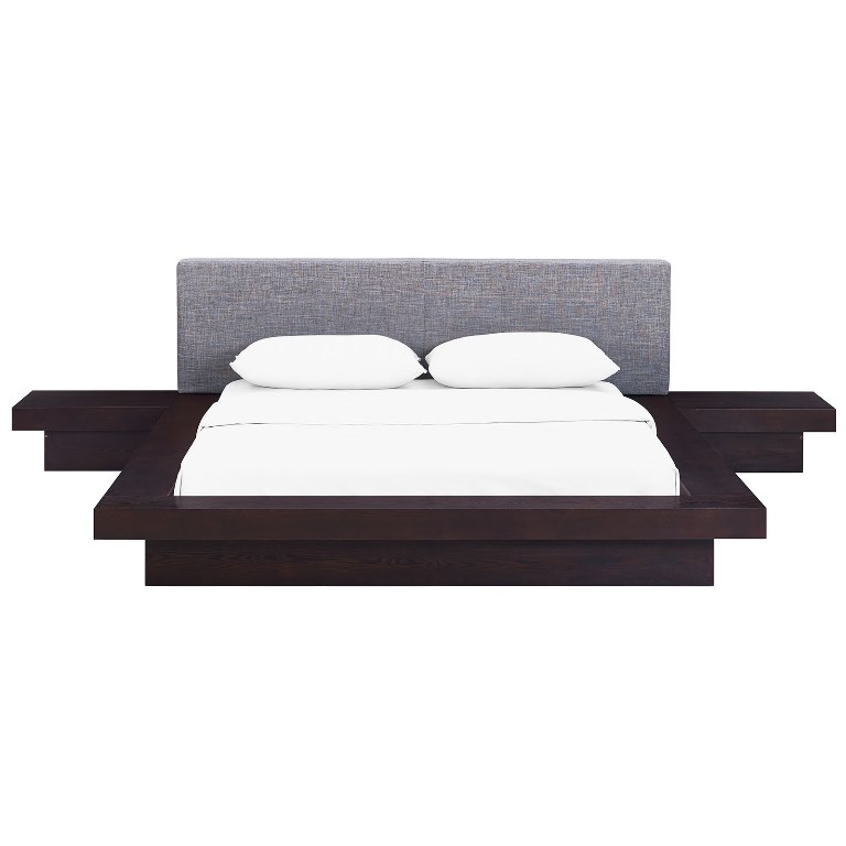 Modway MOD-5492-CAP-GRY-SET Freja 3 Piece Queen Fabric Bedroom Set, Cappuccino Gray