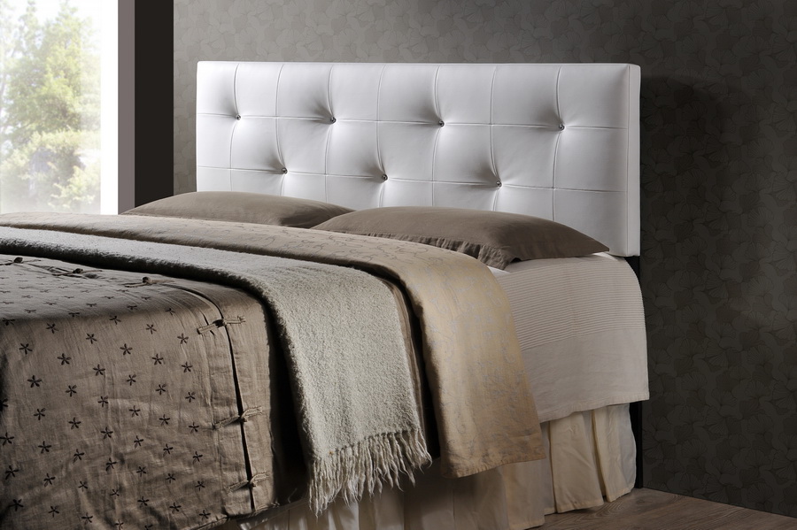 BBT6432-White-HB-Full Dalini Modern & Contemporary Full White Faux Leather Headboard with Faux Crystal Buttons - 22.5 x 56 x 3.15 in.
