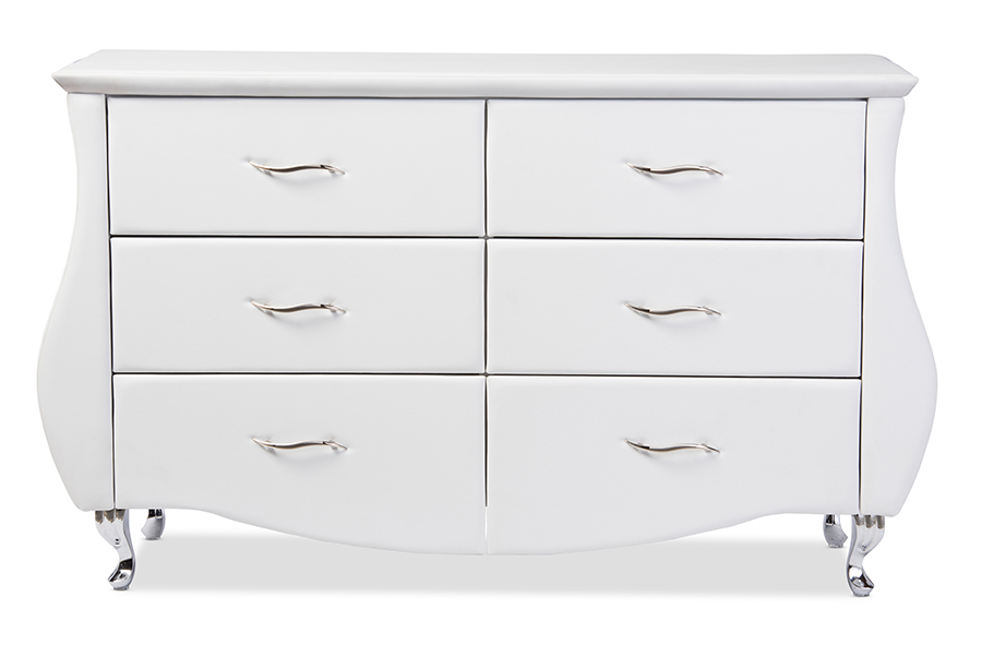 BBT2039-White-Dresser Enzo Modern & Contemporary White Faux Leather 6-Drawer Dresser - 31.2 x 52.65 x 18.14 in.
