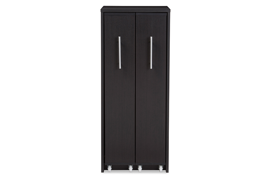 SH-002-Espresso Lindo Dark Brown Wood Bookcase with Two Pulled-out Doors Shelving Cabinet - 38.53 x 15.91 x 18.33 in.