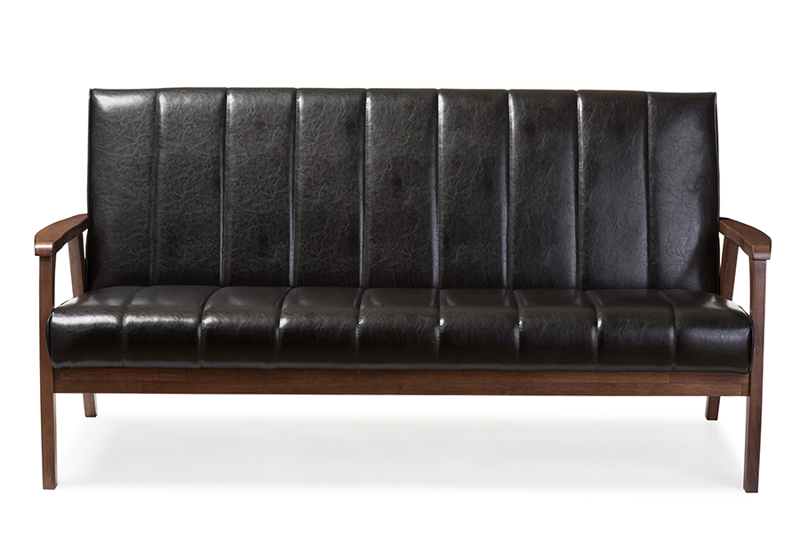 Picture of Baxton Studio BBT8011A2-Black Sofa Nikko Mid-Century Modern Scandinavian Style Black Faux Leather Wooden 3-Seater Sofa - 31.59 x 63.38 x 29.45 in.