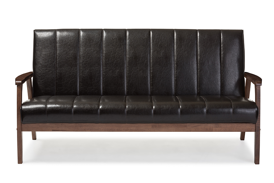 Picture of Baxton Studio BBT8011A2-Brown Sofa Nikko Mid-Century Modern Scandinavian Style Dark Brown Faux Leather Wooden 3-Seater Sofa - 31.59 x 63.38 x 29.45 in.