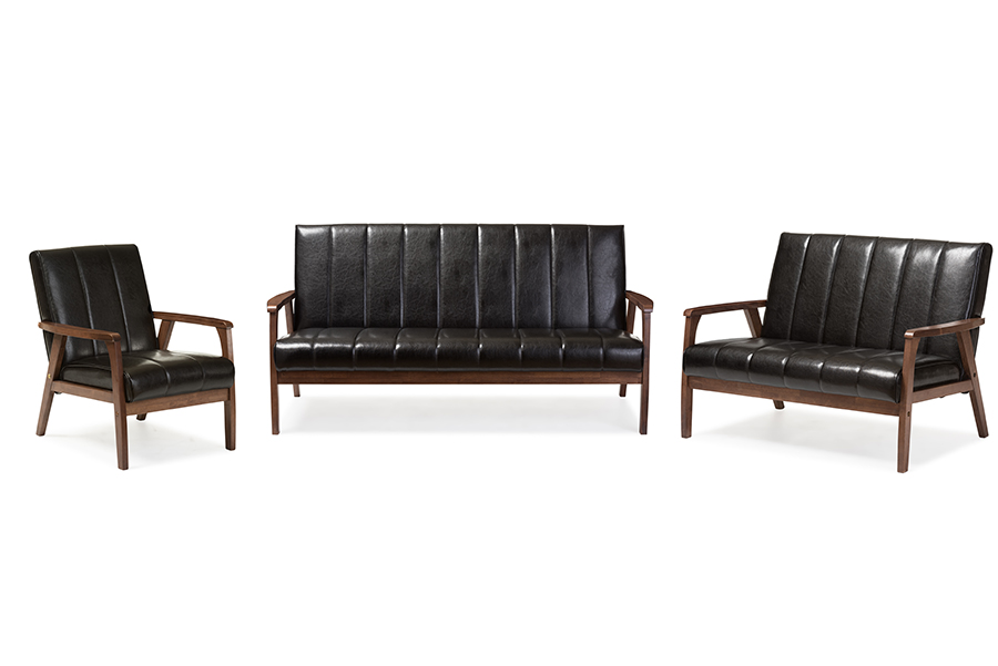 BBT8011A2-Black 3PC Set Nikko Mid-Century Modern Scandinavian Style Black Faux Leather 3 Piece Living Room Sets - 31.59 x 63.38 x 29.45 in -  Baxton Studio, 847321058118