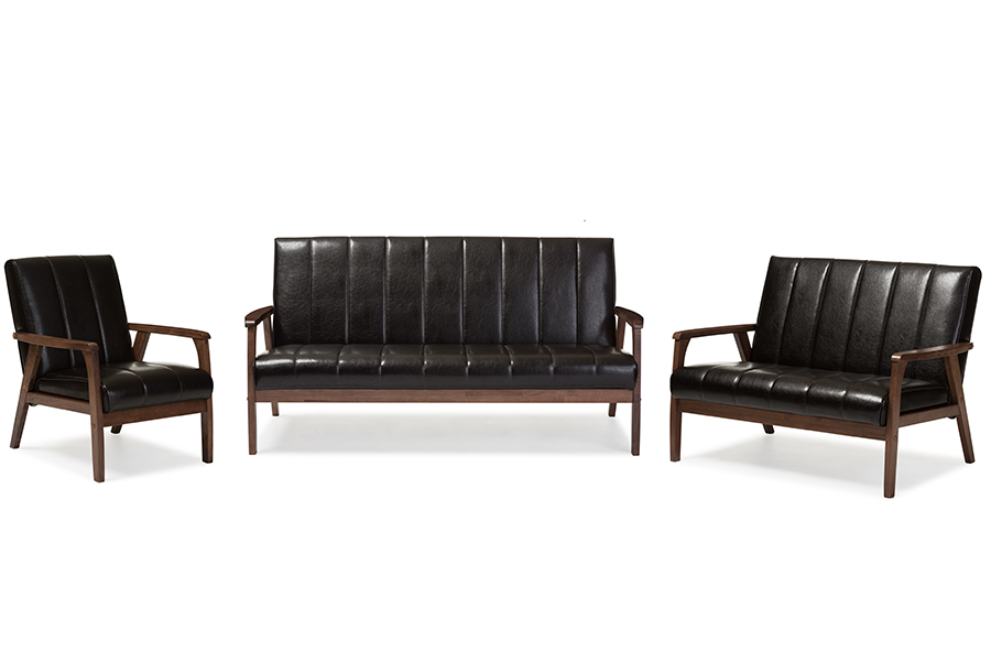Picture of Baxton Studio BBT8011A2-Brown 3PC Set Nikko Mid-Century Modern Scandinavian Style Dark Brown Faux Leather 3 Piece Living Room Sets - 31.59 x 63.38 x 29.45 in.