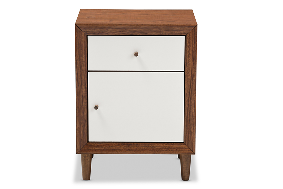 Picture of Baxton Studio FP-6783-Walnut-White-NS Harlow Mid-Century Modern Scandinavian Style White & Walnut Wood 1-Drawer & 1-Door Nightstand - 23.75 x 17.55 x 15.6 in.