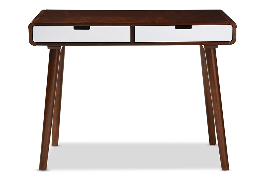 Picture of Baxton Studio RT389-TBL-White-Dark Walnut Casarano Mid-Century Modern Dark Walnut & White Two Tone 2-Drawer Wood Home Office Writing Desk - 29.64 x 39.78 x 23.4 in.