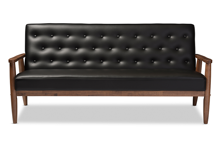 Picture of Baxton Studio BBT8013-Black Sofa Sorrento Mid-Century Retro Modern Black Faux Leather Upholstered Wooden 3 Seater Sofa - 32.96 x 70.59 x 29.45 in.