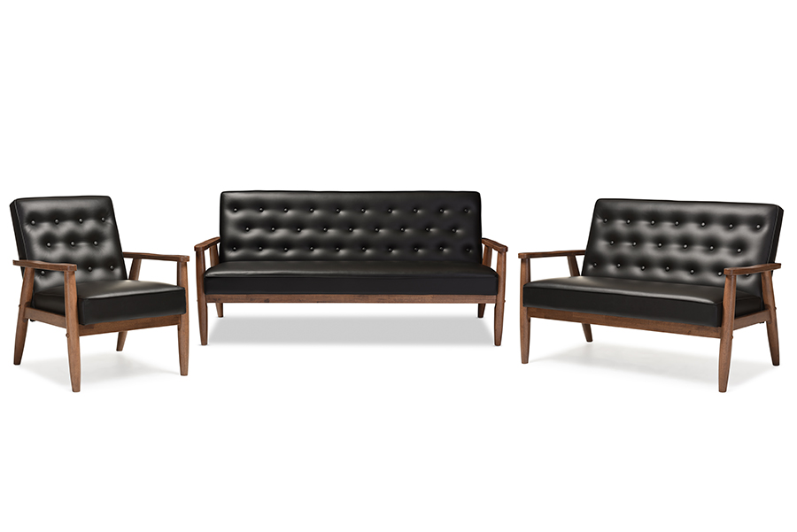 BBT8013-Black 3PC Set Sorrento Mid-Century Retro Modern Black Faux Leather Upholstered Wooden 3 Piece Living room Set - 32.96 x 70.59 x 29.45 in -  Sekkusu Furniture, SE2505035