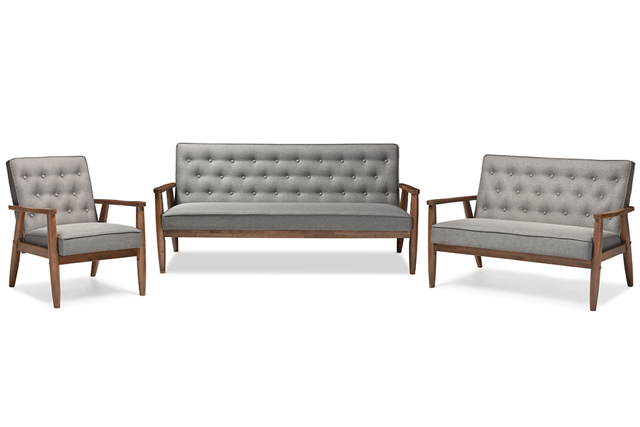 Picture of Baxton Studio BBT8013-Grey 3PC Set Sorrento Mid-Century Retro Modern Grey Fabric Upholstered Wooden 3 Piece Living room Set - 32.96 x 70.59 x 29.45 in.