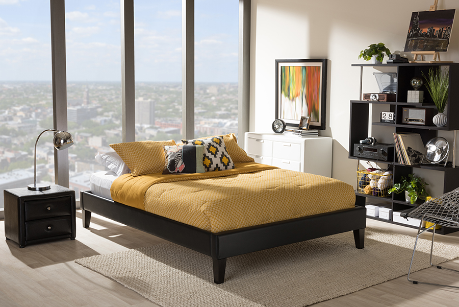 BBT6598-Black-Full Lancashire Modern & Contemporary Black Faux Leather Upholstered Full Bed Frame with Tapered Legs - 14.24 x 56.36 x 79.76 in -  Sekkusu Furniture, SE2688369