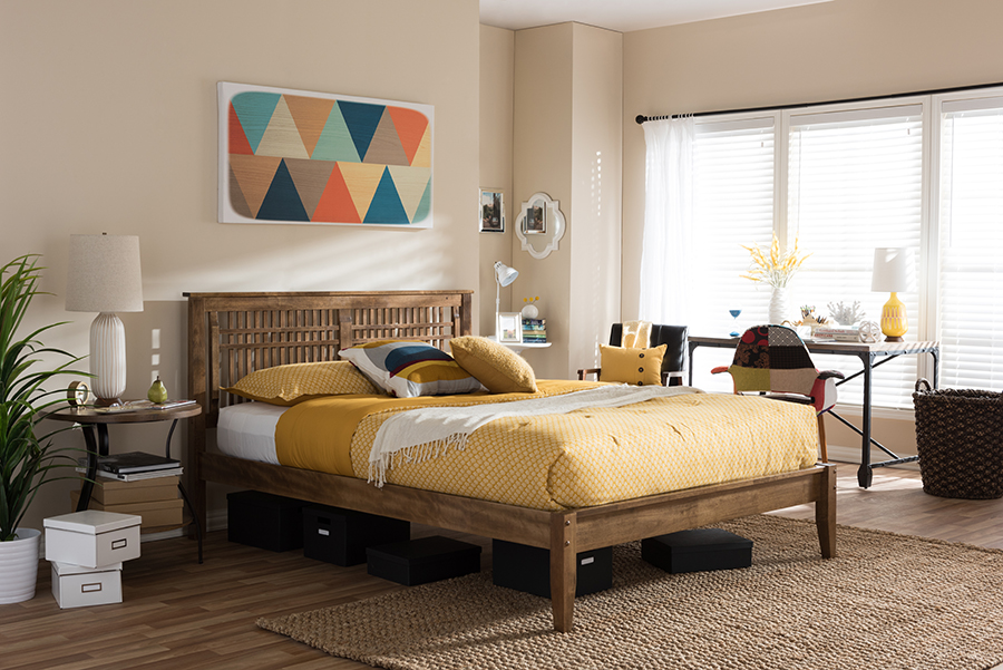 SW8028-Walnut-M17-Full Loafey Mid-Century Modern Solid Walnut Wood Window-Pane Style Full Platform Bed - 40.95 x 57.53 x 78.98 in.
