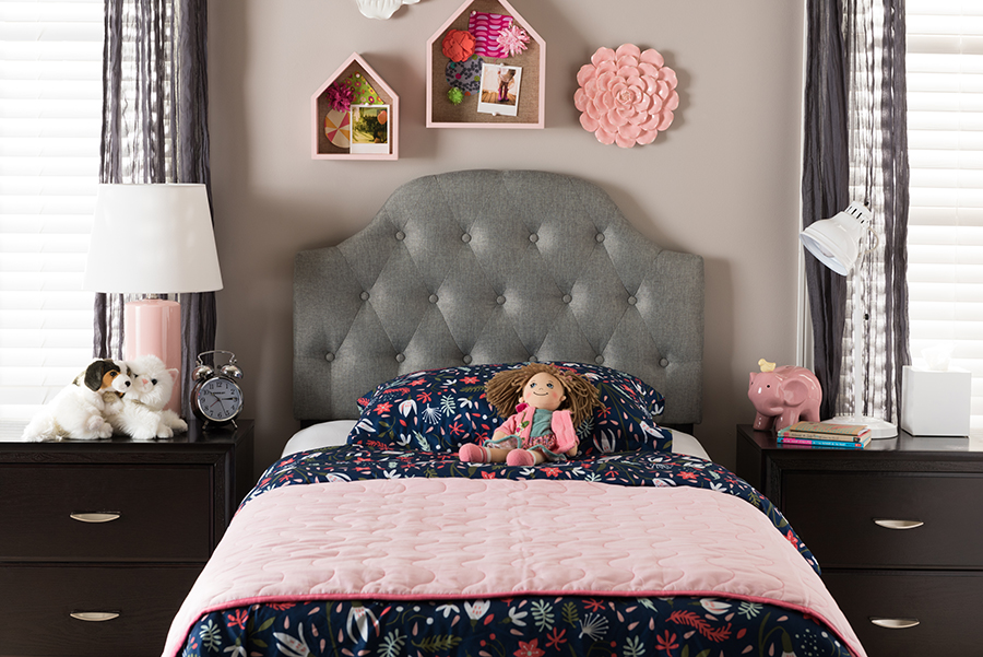 BBT6496-Grey-Twin HB Morris Modern & Contemporary Grey Fabric Upholstered Button-Tufted Scalloped Twin Headboard - 23.6 x 38.81 x 2.54 in.