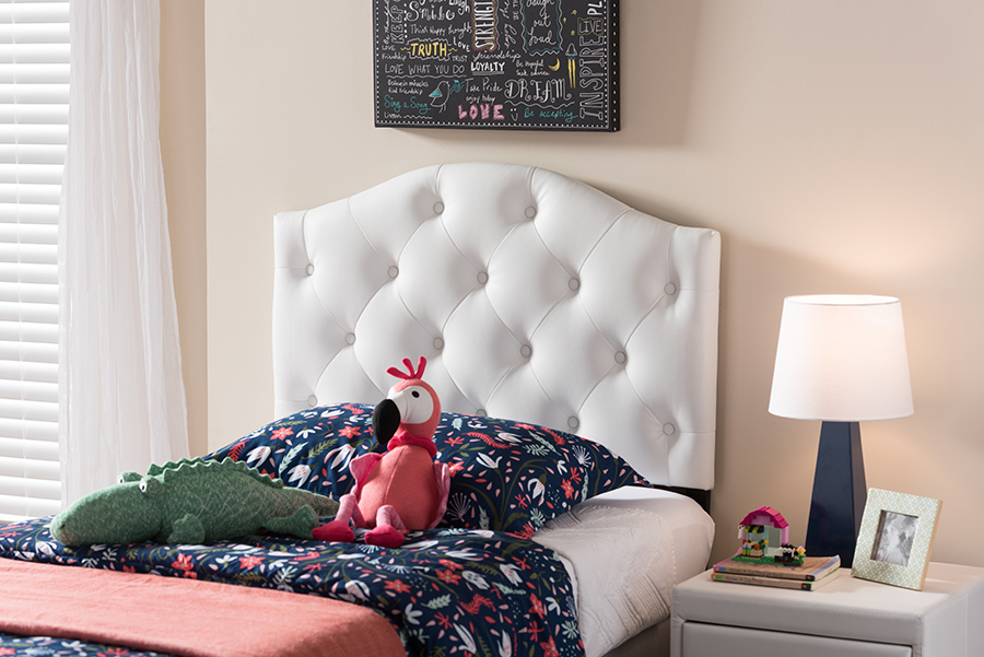 BBT6505-White-Twin HB Myra Modern & Contemporary White Faux Leather Upholstered Button-Tufted Scalloped Twin Headboard - 23.6 x 38.81 x 2.54 in.