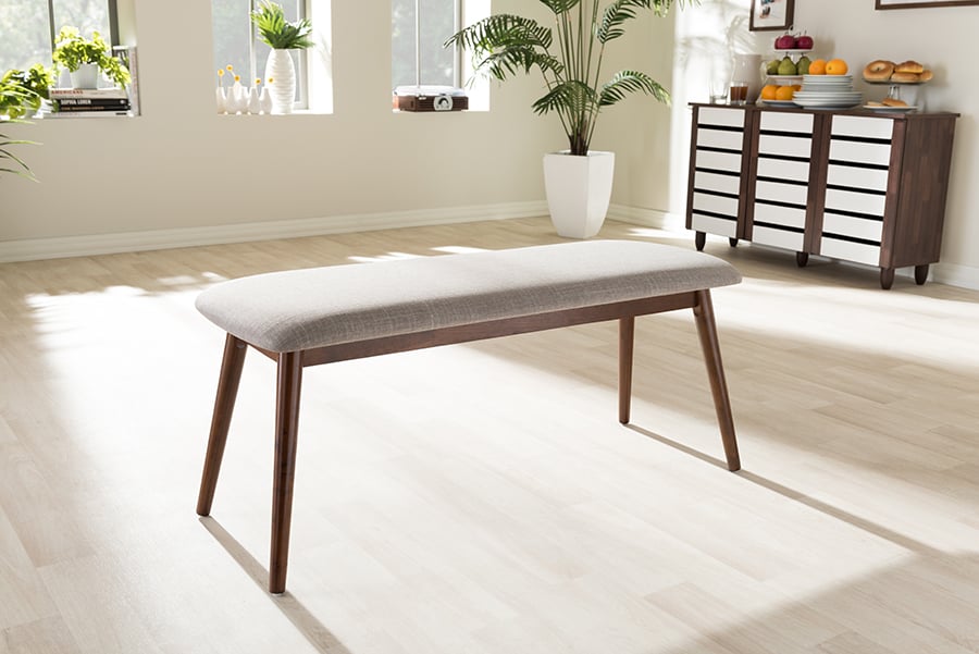Flora-Medium Oak-Bench Flora Mid-Century Modern Light Grey Fabric & Oak Medium Brown Wood Dining Bench - 17.55 x 40.95 x 15.21 in.