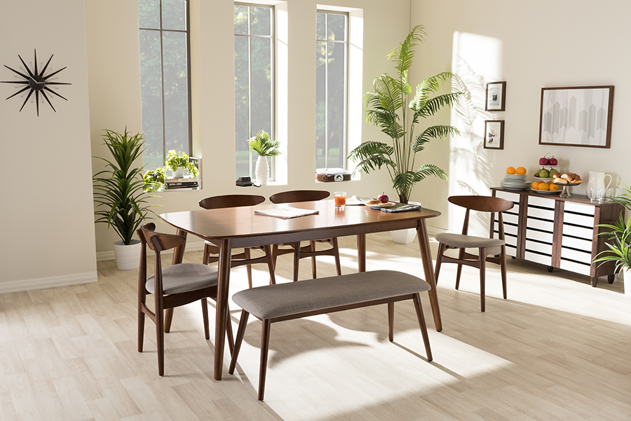 Picture of Baxton Studio Flora-Medium Oak 6PC Dining Set Flora Mid-Century Modern Light Grey Fabric & Oak Medium Brown Wood 6 Piece Dining Set - 29.25 x 35.1 x 62.4 in.