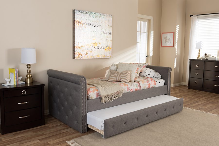 Picture of Baxton Studio BBT6576T-Grey-Twin Swamson Modern & Contemporary Grey Fabric Tufted Twin Day Bed with Roll-out Trundle Guest Bed - 32.48 x 87.4 x 43.31 in.