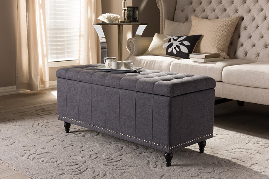 BBT3137-OTTO-Dark Grey-H1217-20 Kaylee Modern Classic Dark Grey Fabric Upholstered Button-Tufting Storage Ottoman Bench - 18.7 x 41.73 x 16.73 in -  Baxton Studio, 847321074330