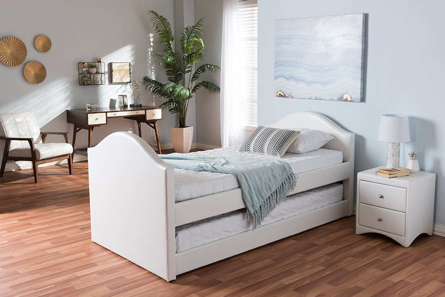Picture of Baxton Studio CF8751-White-Day Bed Alessia White Faux Leather Upholstered Day Bed with Guest Trundle Bed - 36.69 x 83.46 x 41.34 in.