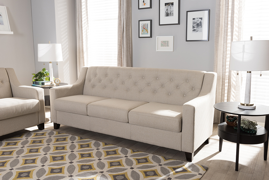 Picture of Baxton Studio BBT8021-SF-Light Beige-6086-1 Arcadia Modern & Contemporary Light Beige Fabric Upholstered Button-Tufted Living Room 3-Seater Sofa - 32.09 x 77.36 x 30.12 in.
