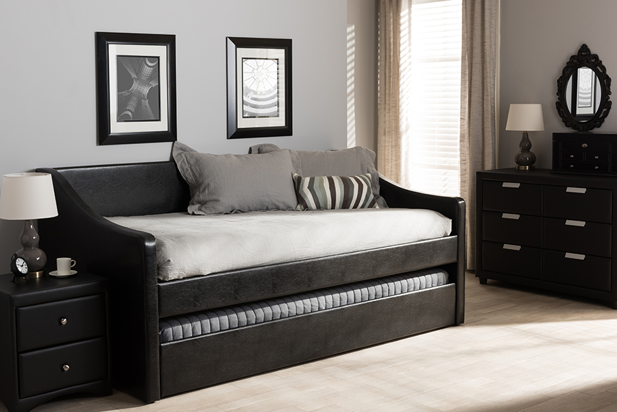 Picture of Baxton Studio CF8755-Black-Day Bed Barnstorm Modern & Contemporary Black Faux Leather Upholstered Day Bed with Guest Trundle Bed - 37.28 x 42.72 x 82.28 in.