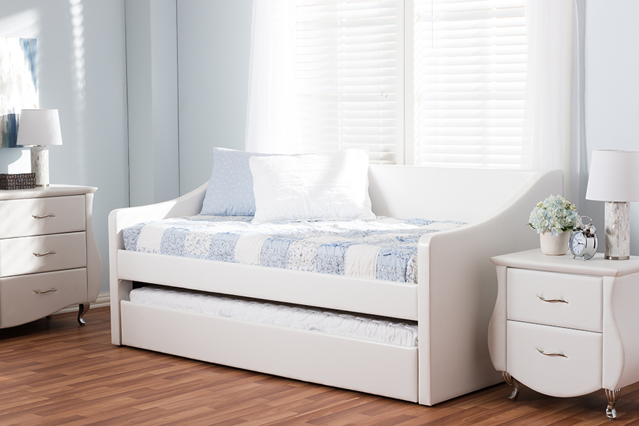 Picture of Baxton Studio CF8755-White-Day Bed Barnstorm Modern & Contemporary White Faux Leather Upholstered Day Bed with Guest Trundle Bed - 37.28 x 42.72 x 82.28 in.