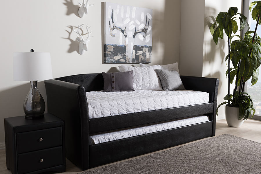 CF8756-Black-Day Bed Camino Modern & Contemporary Black Faux Leather Upholstered Day Bed with Guest Trundle Bed - 33.74 x 42.72 x 86.22 in -  Baxton Studio, 847321094819