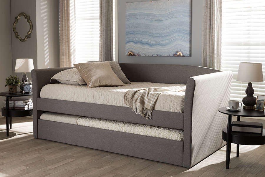CF8756-Grey-Day Bed Camino Modern & Contemporary Grey Fabric Upholstered Day Bed with Guest Trundle Bed - 33.74 x 42.72 x 86.22 in -  Baxton Studio, 847321094932