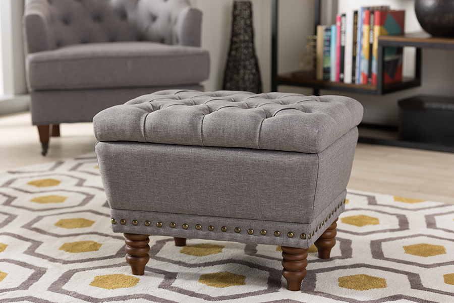 217-Light Grey Annabelle Modern & Contemporary Light Grey Fabric Upholstered Walnut Wood Button-Tufted Storage Ottoman - 16.14 x 22.05 x 16.93 in -  Baxton Studio, 847321091511