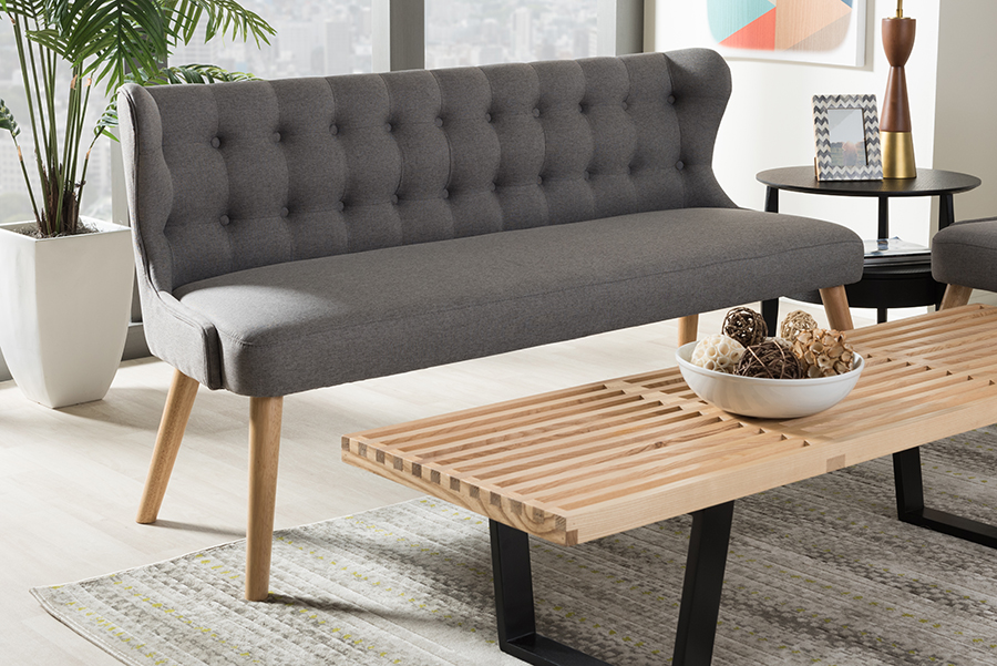 Picture of Baxton Studio BBT8026-SF-Grey-XD45 Melody Mid-Century Modern Grey Fabric & Natural Wood 3-Seater Settee Bench - 32.48 x 62.8 x 24.02 in.