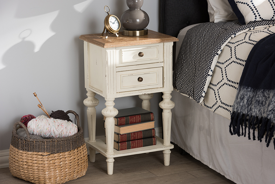 Picture of Baxton Studio PRL8VMAR-M B Marquetterie French Provincial Style Weathered Oak & White Wash Distressed Wood Two-Tone 2-Drawer & 1-Shelf Nightstand - 25.59 x 15.74 x 11.81 in.