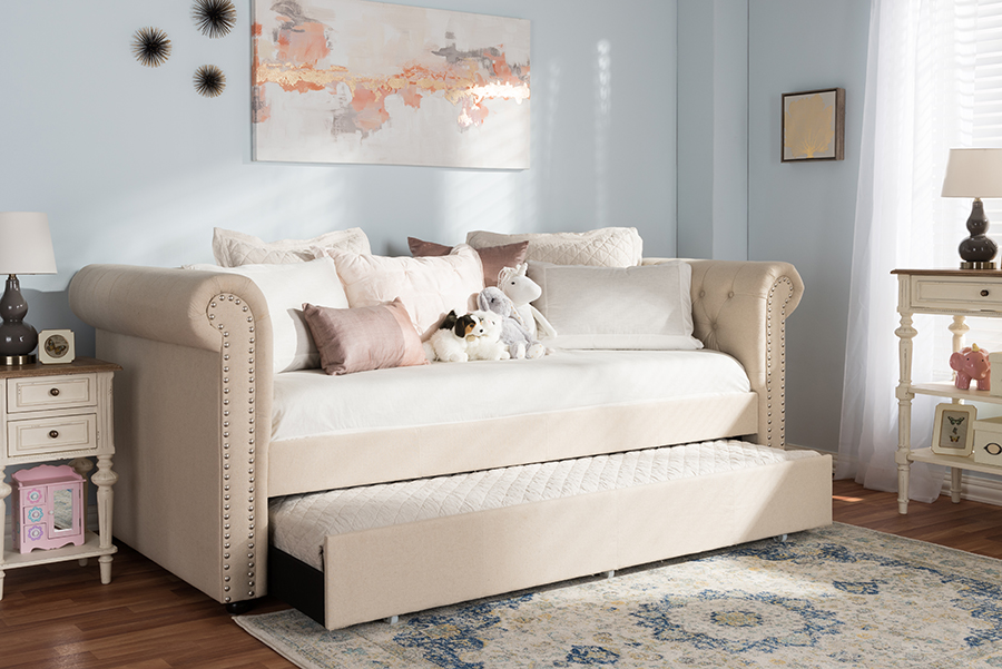 Picture of Baxton Studio Ashley-Beige-Daybed Mabelle Modern & Contemporary Beige Fabric Trundle Day Bed - 37.2 x 43.5 x 95.28 in.