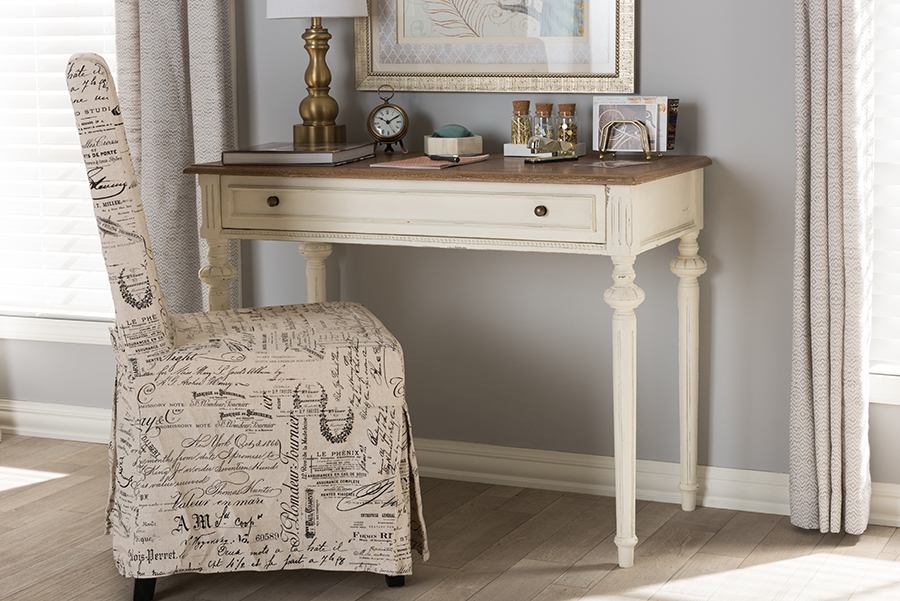 Picture of Baxton Studio PRL5VMAR-M B Marquetterie French Provincial Weathered Oak & Whitewash Writing Desk - 30.31 x 39.37 x 19.69 in.