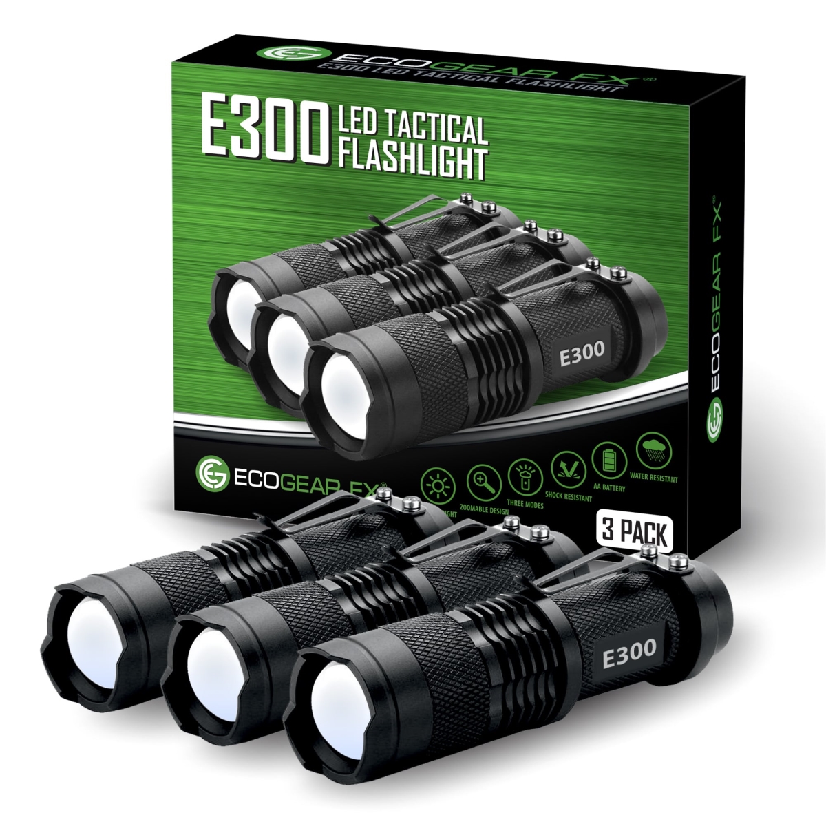 Picture of EcoGear FX FLA-E300-3PK E300 EDC Tactical Flashlight - Set of 3
