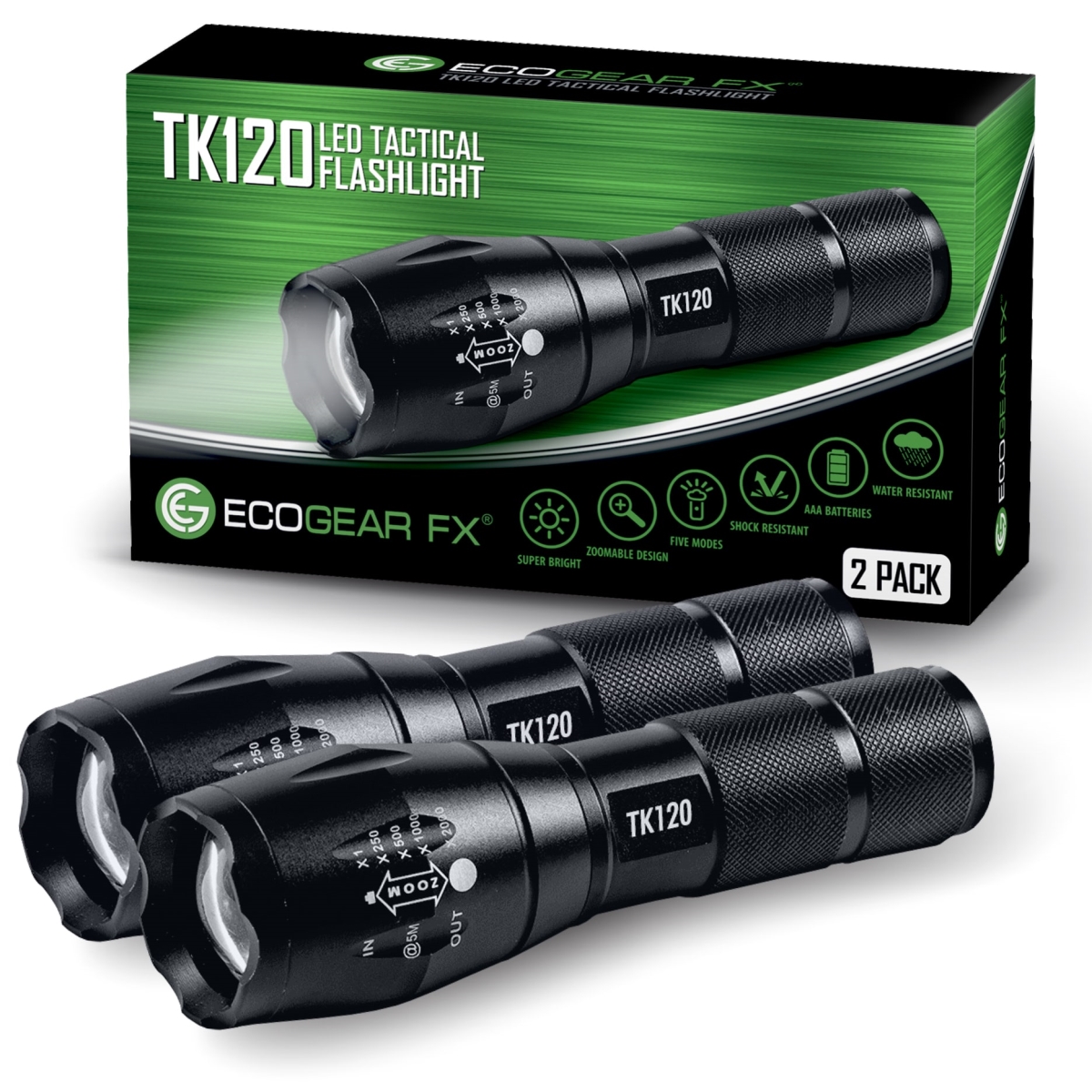 Picture of EcoGear FX FLA-TK120-2PK TK120 LED Tactical Flashlights with Strobe - Pack of 2