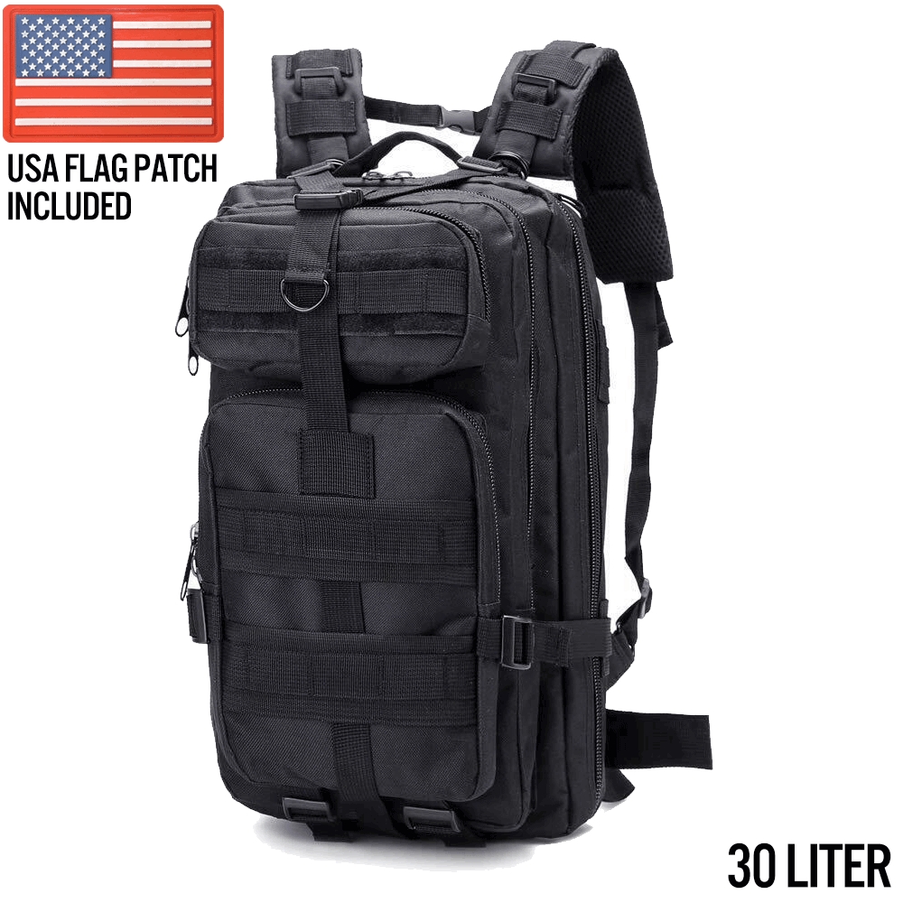 TAC-XG-MB30-BLK Military Tactical Backpack Daypack Bug Out Bag for Hiking Camping School Travel 30 Liter, Black