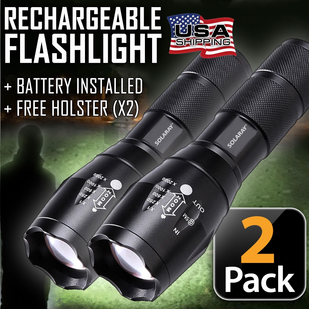 ZX-1KIT2PK Super Bright LED Tactical Flashlight Rechargeable Work Light w/ Holster (2-PACK)