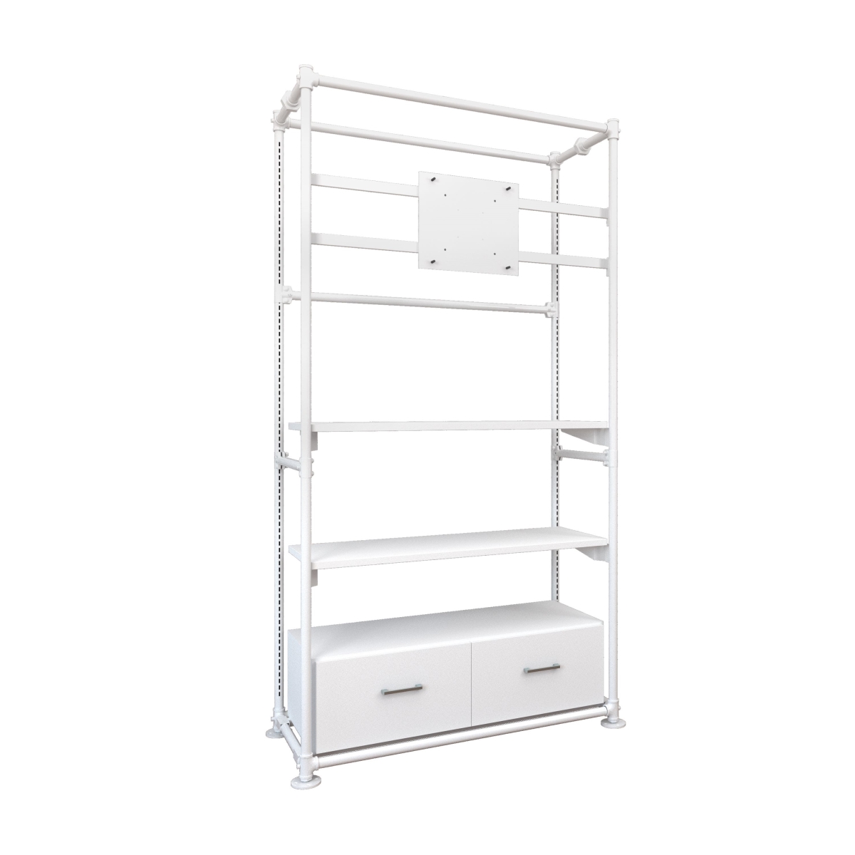 PSFS96KIT2WW Pipeline Freestanding Kit with TV Display Mount, Two Shelves & Drawers - Gloss White Frame & TV Mount with 2 White Shelves
