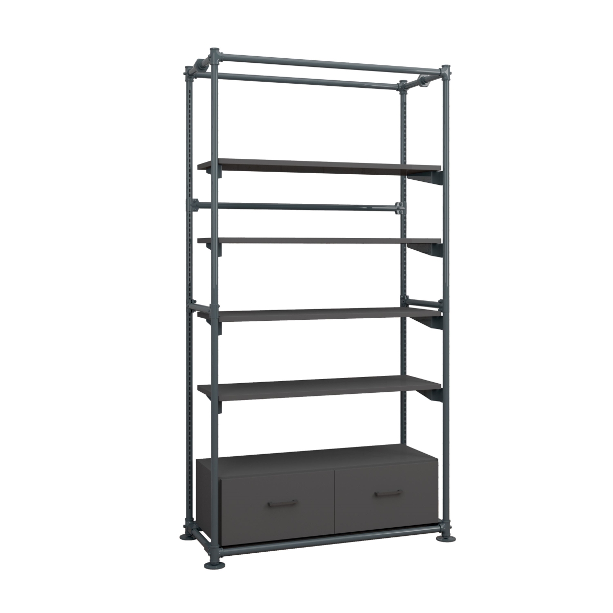 PSFS96KIT3GB Pipeline Freestanding Kit with 4 Shelves & Drawers - Anthracite Grey Frame with Four Black Shelves