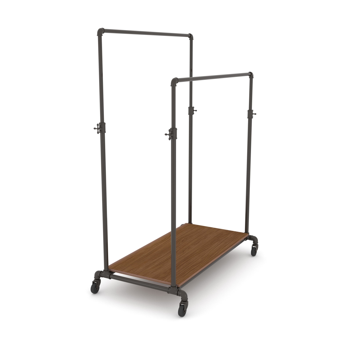PSBBLLADJKBN Pipeline Adjustable Double Bar Ballet Rack with Base Shelf - Anthracite Grey Rack with Dark Brown Wood Grain Base Shelf