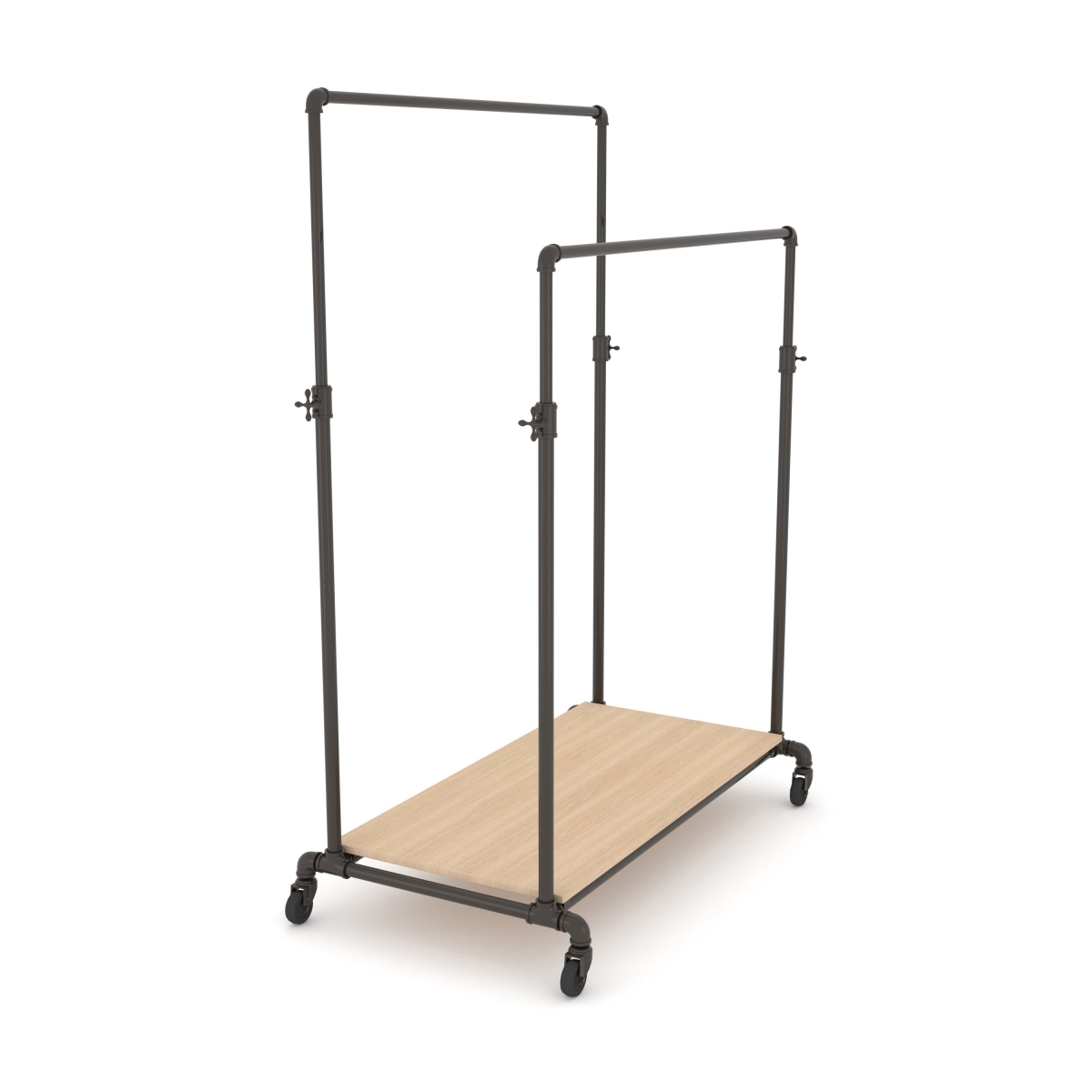 PSBBLLADJKOK Pipeline Adjustable Double Bar Ballet Rack with Base Shelf - Anthracite Grey Rack with Raw Oak Wood Grain Base Shelf