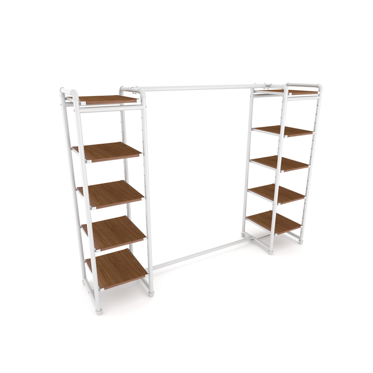 PSETGWBNX2 Pipeline Double Etagere with Hang Bar - Gloss White Rack with Dark Brown Wood Grain Shelves