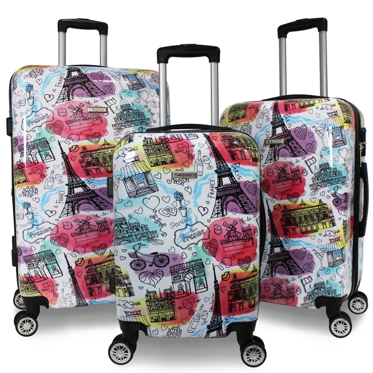 252317DJ-TOWER  Dejuno Parisian Landmarks 3-Piece Polycarbonate Expandable Spinner Luggage Set